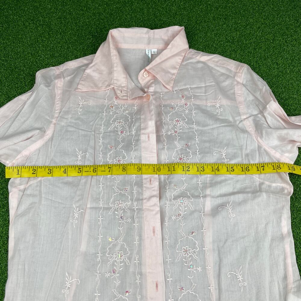 Lavender Star Pink Embroidered Long Sleeve Boho Sheer Button Up Shirt Sz L - Picture 5 of 6